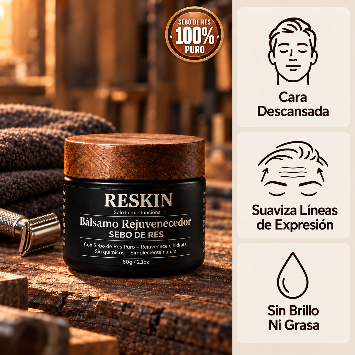 RESKIN Bálsamo facial con sebo de res 100% puro: cara descansada, suaviza líneas de expresión, sin brillo ni grasa