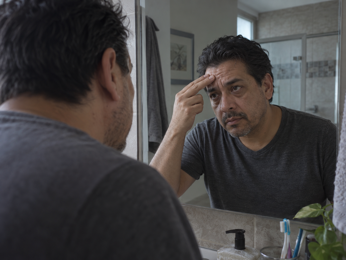 Hombre mirándose las líneas de la frente en el espejo